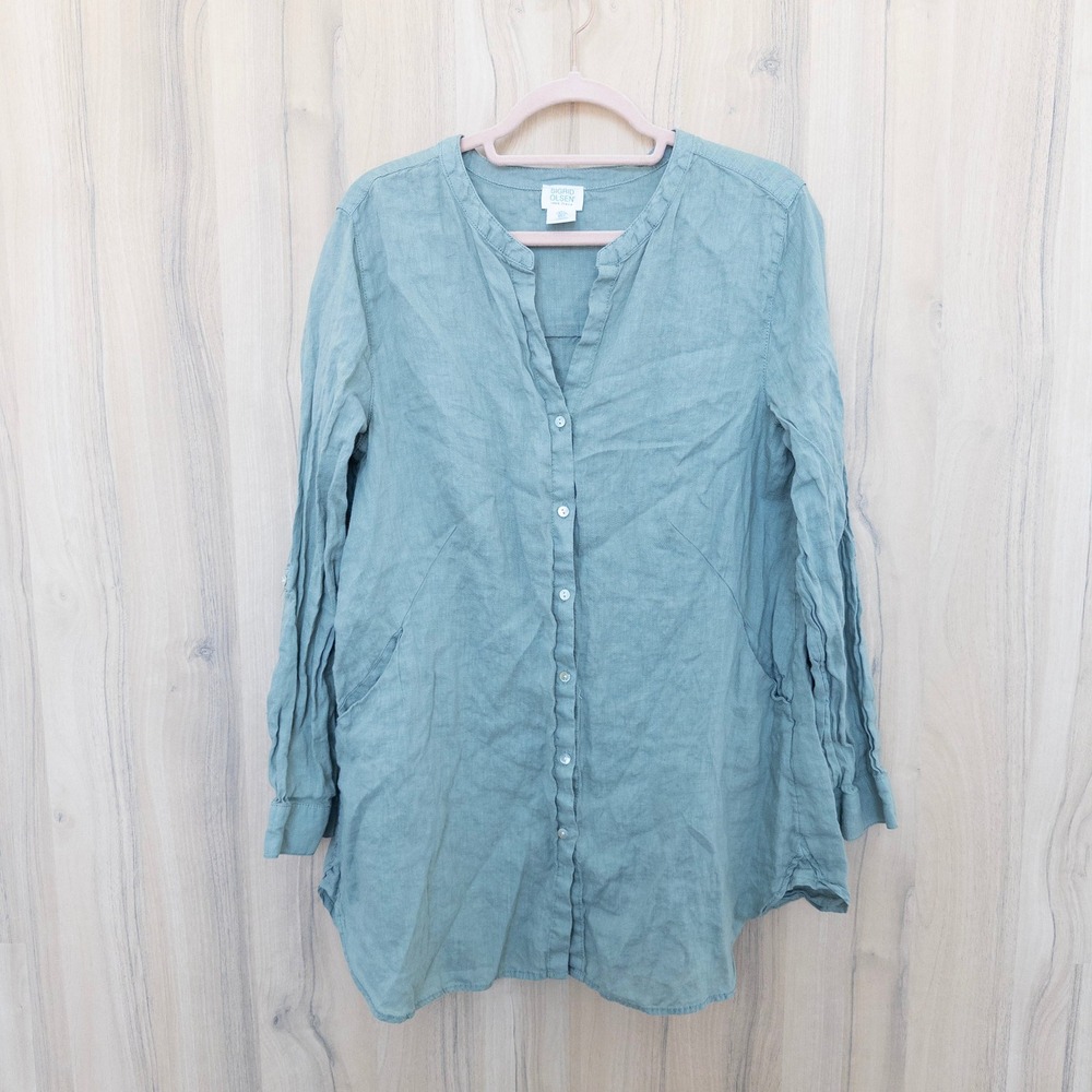 Sigrid Olsen 100% Linen Blouse Large Green Button Front Coastal Summer Lagenlook